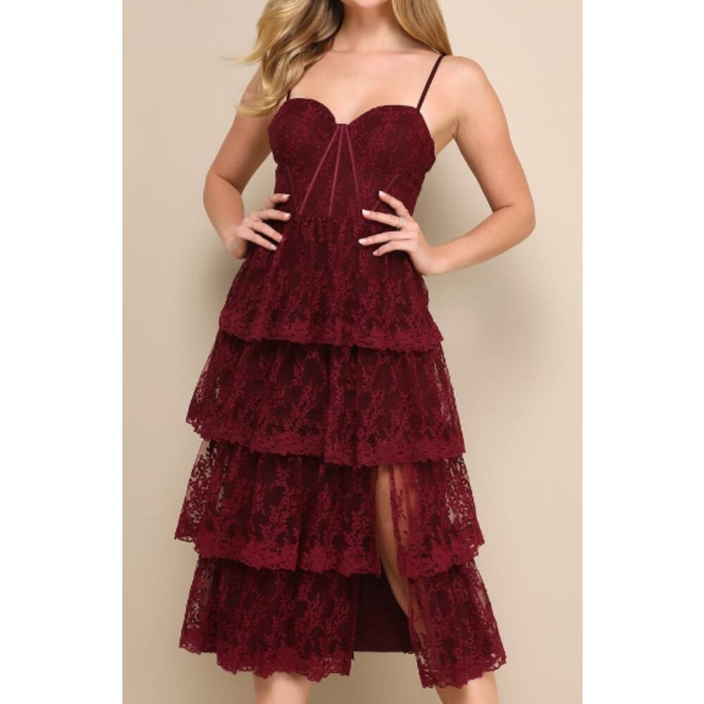 LULU'S  XL Exceptional Persona Wine Red Lace Tiered Bustier Midi Dress NEW B32